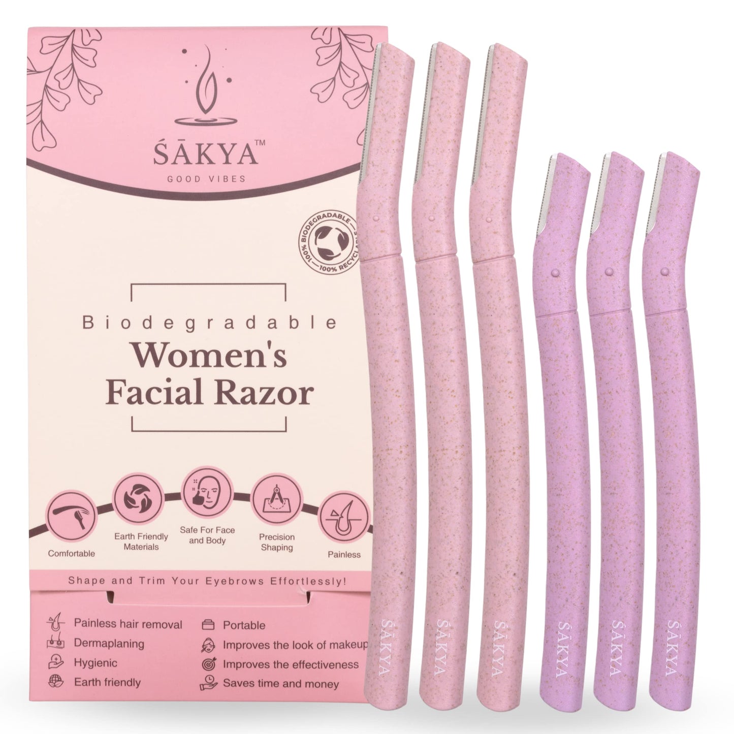 Sakya Biodegradable Womens Dermaplaning Tool - Dermaplane Facial Sensitive Skin Hair Removal Face Razor Twinkle Blade for Eyebrows & Peach Fuzz - Sonic